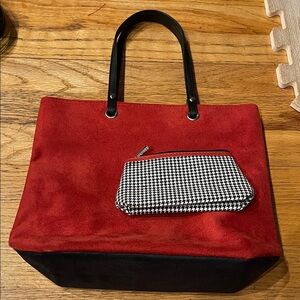 Lancome Red and Black Tote Bag with Houndstooth Pouch